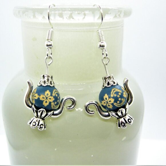 Handcrafted Teapot Earrings Dark Blue with Sterling Silver Hooks - Picture 6 of 7